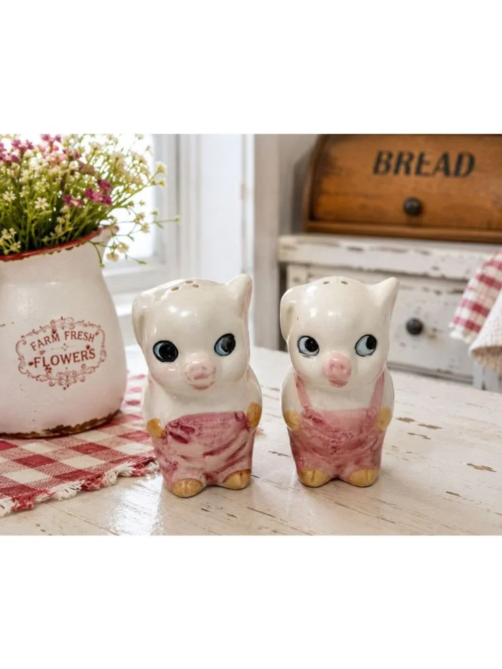 Vintage Ceramic Pig Salt & Pepper Shakers Pink Overalls Big Eyes Pair